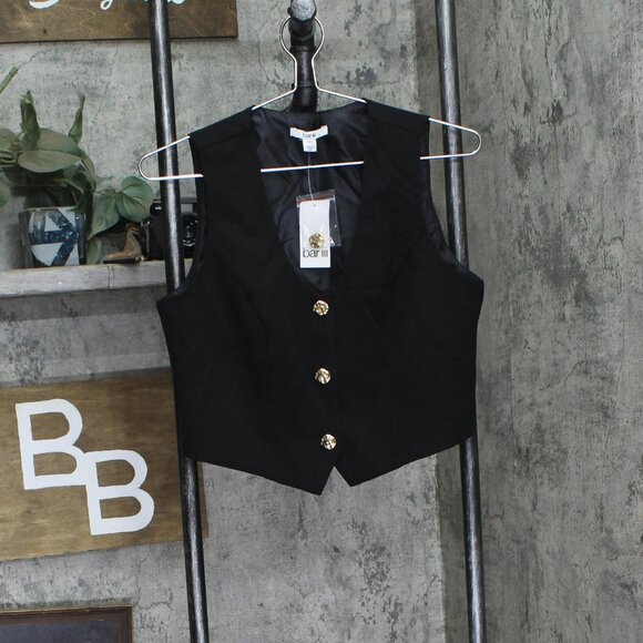 NWT Bar III Womens Petite V-Neck Button-Front Cropped Vest 100207006PT Black PM - Picture 3 of 7